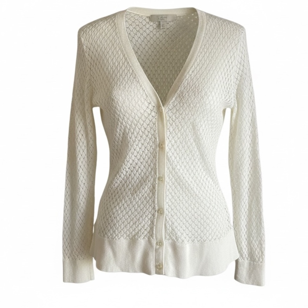 LOFT Cream Open-Knit Button Front Cardigan